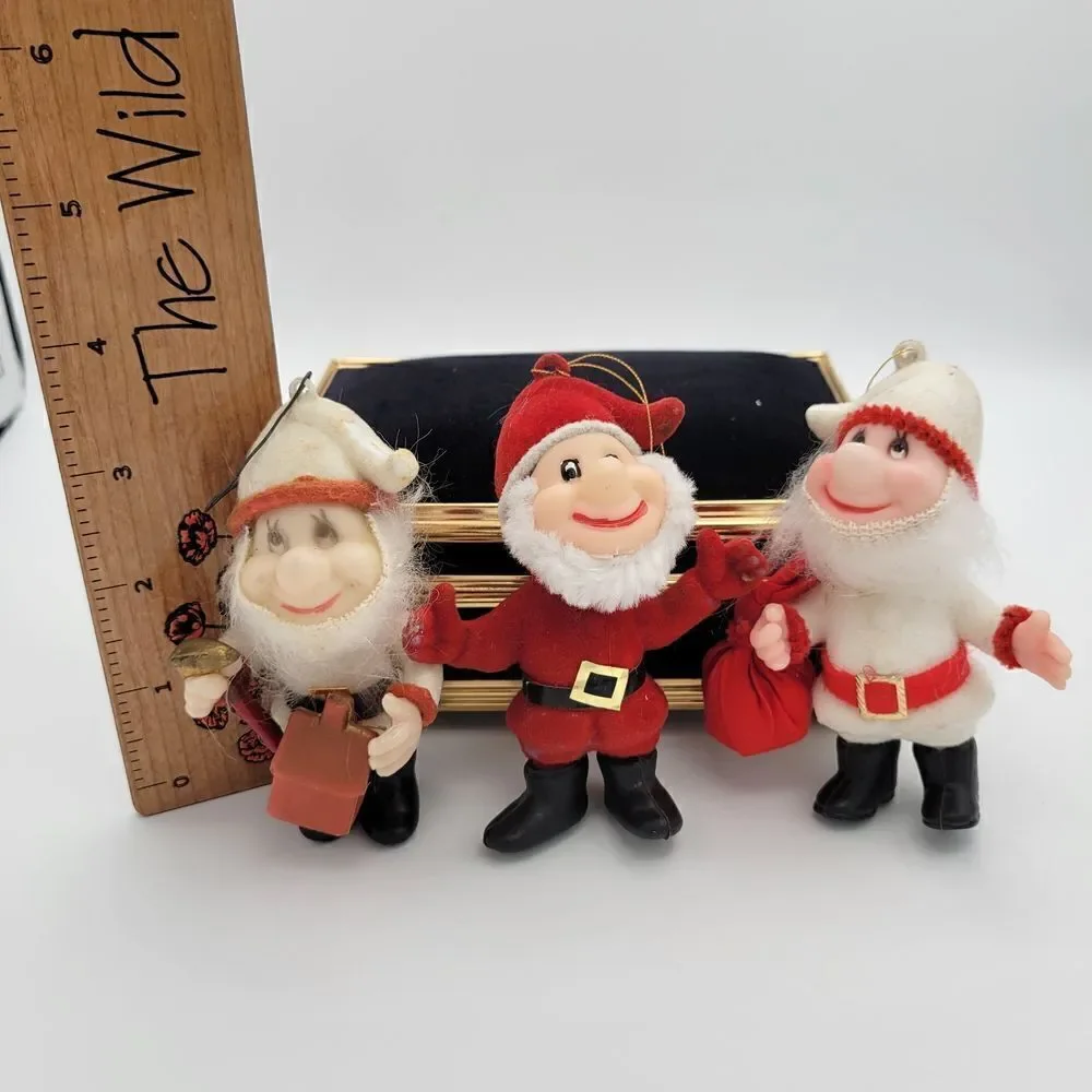 Adorable Trio of Vintage Flocked Santa & Santa's Helpers Elves Ornaments